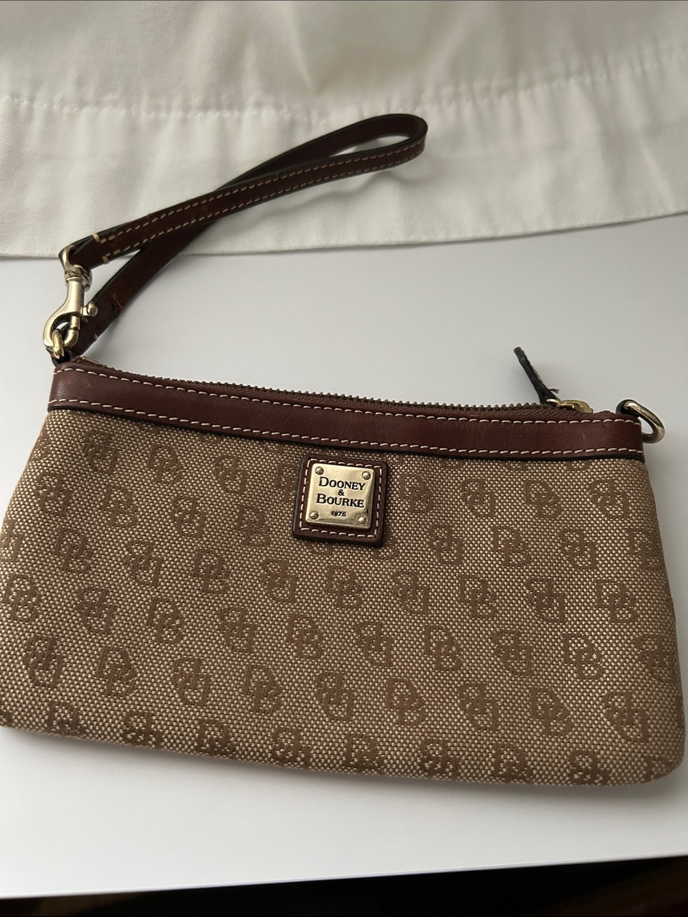 Dooney & Bourke Tan & Brown Signature Wristlet with Leather Strap